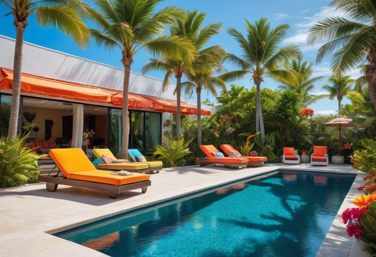 A vibrant scene of a luxurious poolside setting, against a backdrop of a tropical paradise with palm trees and bright blue skies. Showcase diverse models in trendy swim costumes, lounging on colorful sunbeds, sipping refreshing cocktails, and basking in the sun. Include a stylish pool with floating inflatables and tropical flowers around. Create an atmosphere of summer fun and relaxation. tropical vibes. vibrant colors. 3D.