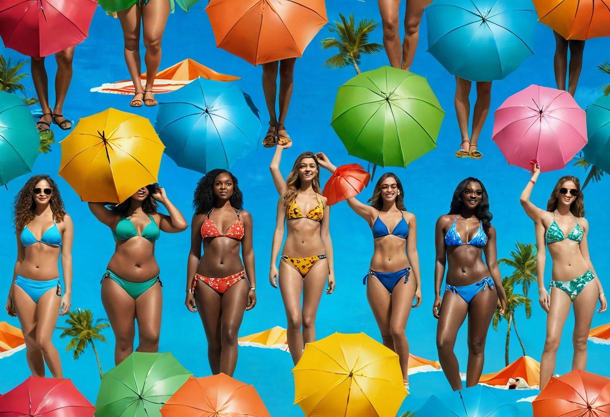 A stylish beach scene featuring diverse women of various body types trying on different bikinis against a sunny backdrop. A vibrant beach with colorful umbrellas, tropical palm trees, and clear blue waters, emphasizing the joy of finding the perfect swimwear. Showcase a variety of bikini styles, patterns, and colors to represent individual taste. Include playful elements like beach balls and flip-flops to enhance the summer vibe. super-realistic. vibrant colors. tropical atmosphere.